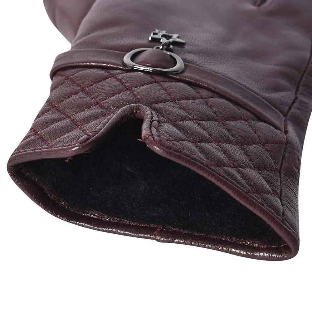 Touchscreen Gloves Leather Quilted Pattern Maroon